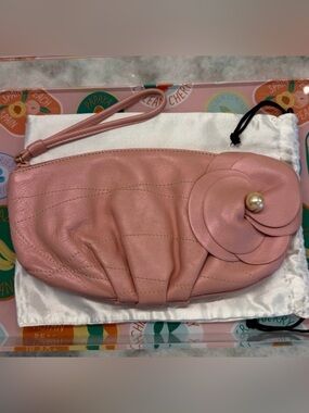 BNWOT Furla Pink Leather Clutch Wristlet Floral Detail Pearl Feminine Designer